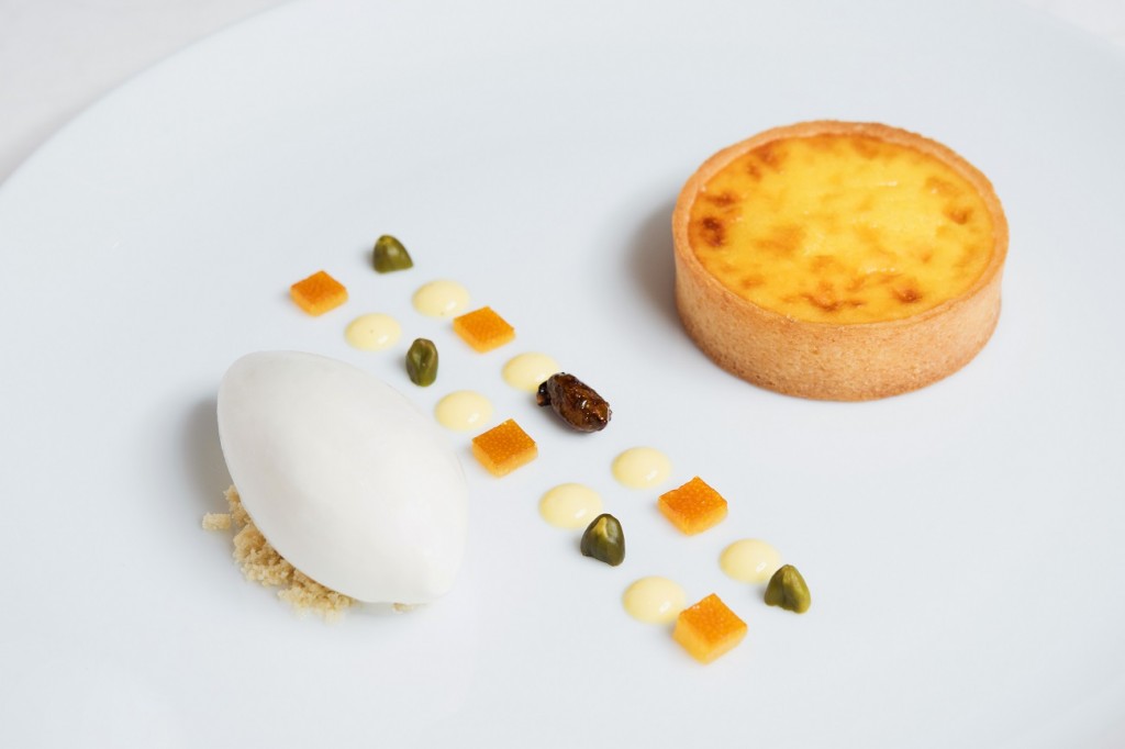 Classic Warm Ricotta Tart, pistachio, candied orange and ricotta gelato