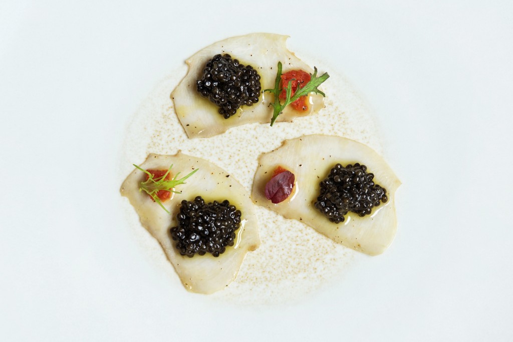 Confit Abalone Carpaccio, sweet pepper and semi-dried tomato, oscietra caviar