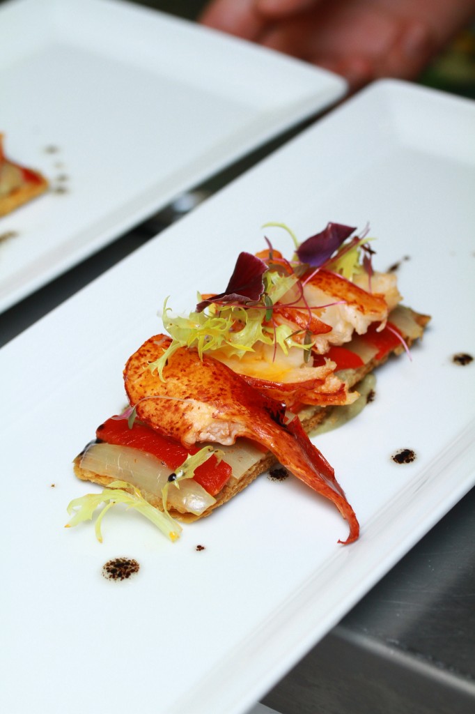 Puff pastry with roasted  vegetables escalivada and fresh lobster
