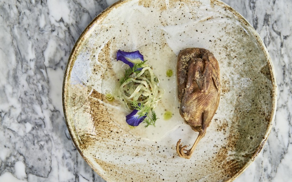 quail with spiced sausage and fermented onion-L