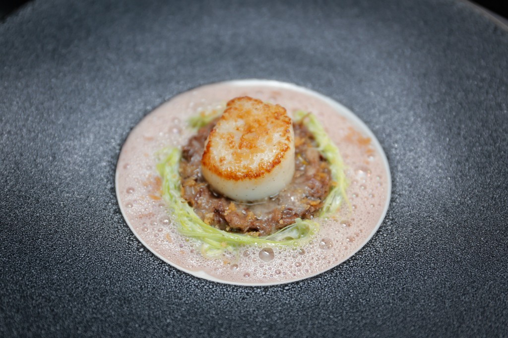 4 Scallops, veal cheek and beurre rouge