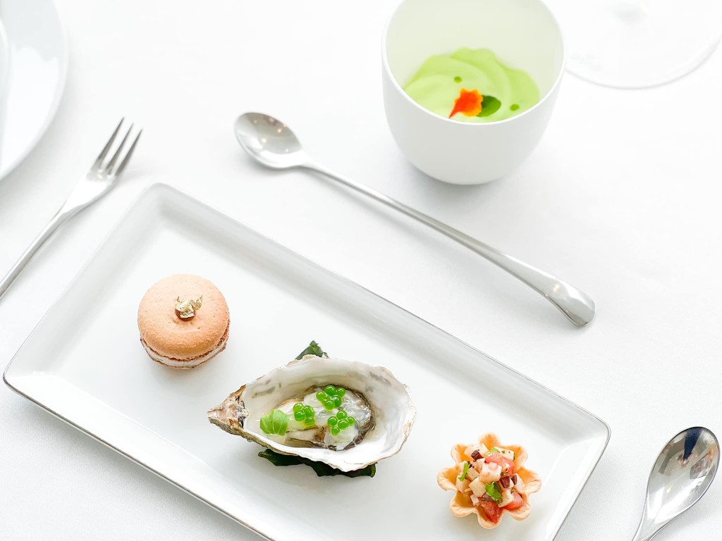 Amuse Bouche with Squid, Oyster, Macaron, Cucumber