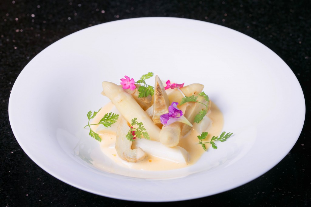 Poached white asparagus and baby artichoke