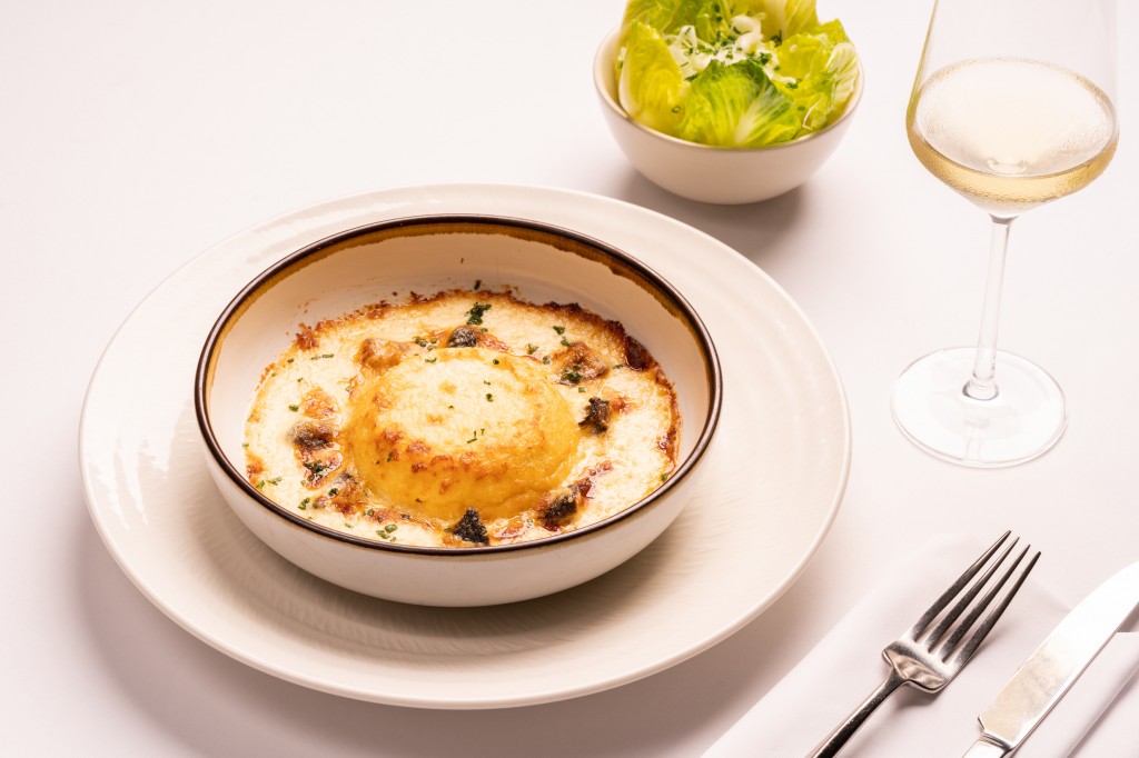 Souffle Suisse - Twice cooked cheese souffle, mushroom and parmesan cream sauce and chives