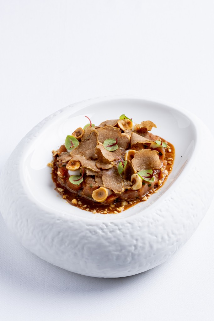 Fassona tartare, robiola drop, hazelnut and white truffle